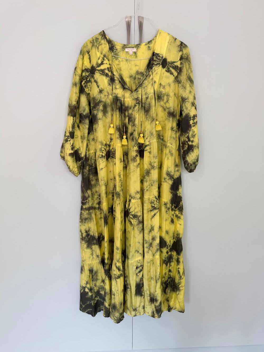 PINK CHICKEN NEW YORK 100% Silk Yellow Tie-Dye Tassel Boho Midi Dress Kaftan